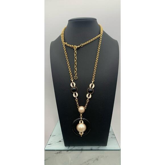 Talbots Beautiful Gold Tone Faux Pearl & Black & White Enamel Necklace - Picture 1 of 5